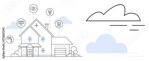Modern house with IoT device icons, including thermostat, security camera, light bulb, and washing machine, linked to a cloud. Ideal for smart home, automation, security technology innovation