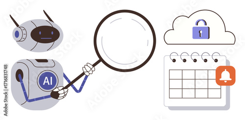 Robot labeled AI holding magnifying glass, exploring calendar with notification and secure cloud icon. Ideal for technology, AI, analysis, cybersecurity, alert systems, productivity, data review