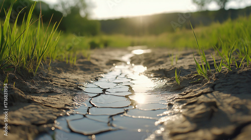 Dried riverbed with cracked earth and sparse grass, reflecting sunlight, symbolizes the global water crisis and ecological impact of climate change and drought conditions