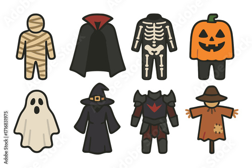 Cartoon halloween costumes featuring ghost, witch, mummy, and pumpkin