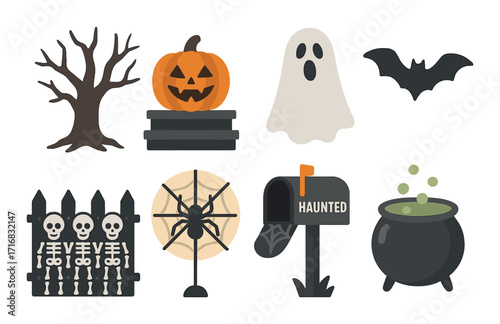 Halloween icons: pumpkin, ghost, bat, skeletons, spider, cauldron, haunted mailbox