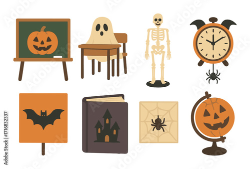 Halloween decorations: ghosts, skeleton, and pumpkin globe in spooky classroom setting