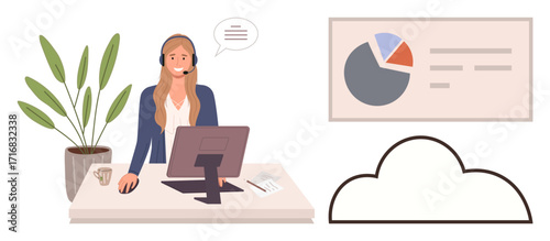 Female customer service agent wearing headset, working at desk with computer, coffee cup, pie chart, and cloud icon. Ideal for support, teamwork, technology, communication remote work business