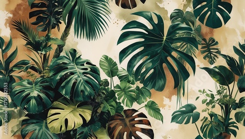 Vintage tropical seamless pattern with green palm tree silhouettes and small olive flowers