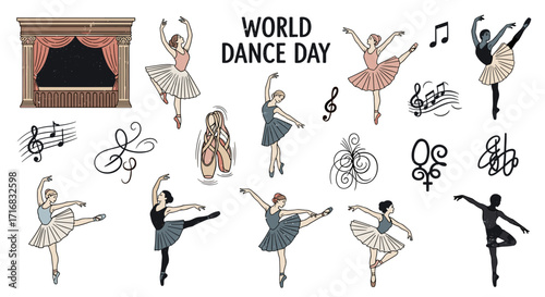 World dance day celebration with diverse ballerinas performing elegant ballet poses on stage with musical notes