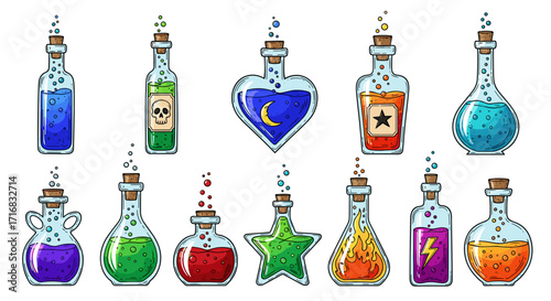 Collection of colorful magical potions in various glass bottles with corks and bubbles on a black background
