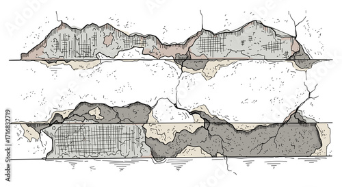 Rough textured abstract background with cracked and broken plaster layers in a horizontal composition