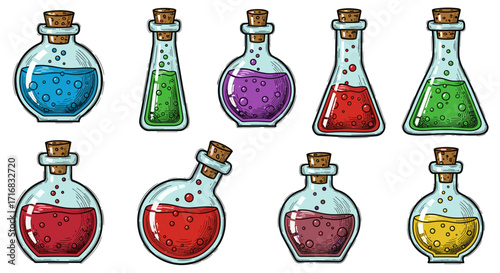 Collection of colorful bubbling potions in glass bottles with cork stoppers on a black background