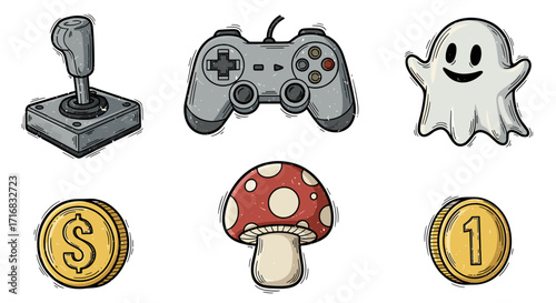 Collection of retro video game icons including joystick controller ghost mushroom and coins on black background