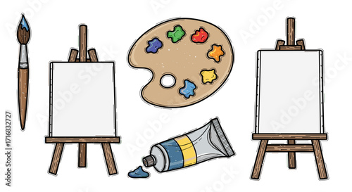 Artistic supplies including a paintbrush paint palette tube of paint and two easels with blank canvases