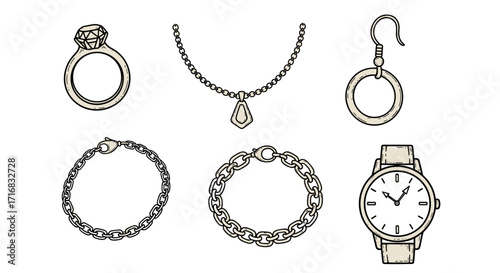 Collection of hand drawn jewelry icons including a diamond ring necklace earring bracelets and a watch
