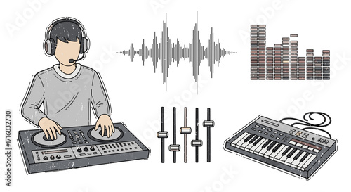 Dj mixing music with headphones and turntables alongside synthesizer keyboard and equalizer graphic