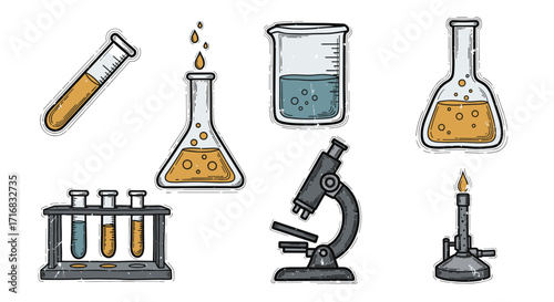 Collection of colorful hand drawn science laboratory equipment and tools on a black background