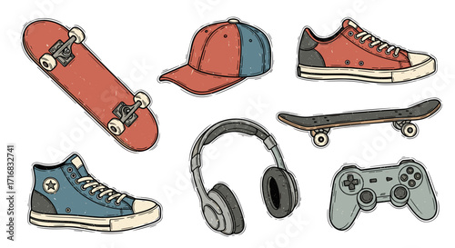 Collection of retro style illustrated youth culture items including skateboards sneakers headphones and a video game controller