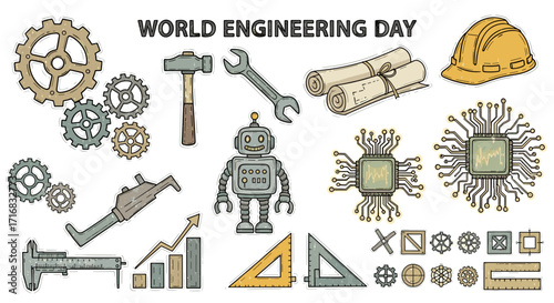 World engineering day celebration featuring diverse tools gears robots blueprints and circuit boards