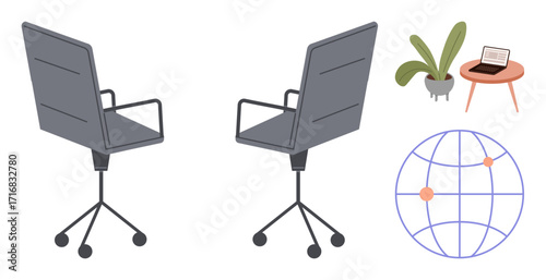 Two modern office chairs on casters, a desk with a laptop and plant, alongside a globe with connected points. Ideal for remote work, global collaboration, workplace setup, home office, productivity