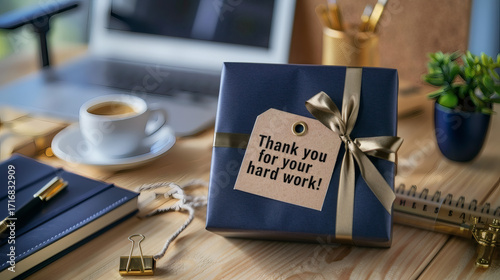 A beautifully wrapped gift box with a ribbon and a 