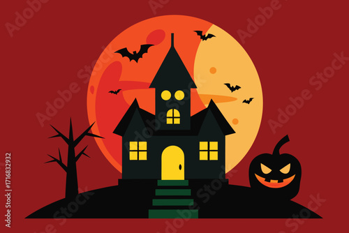 Halloween vector illustration with pumpkin, full moon, bats and spooky glow illustration