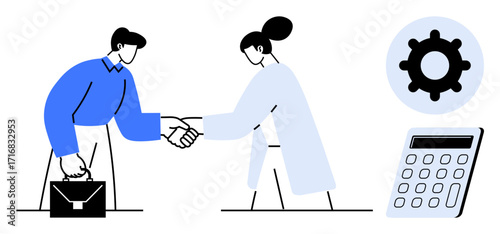 Two professionals shaking hands, briefcase in hand, next to gear and calculator icons. Ideal for partnership, collaboration, teamwork, business deals, strategy agreements simplicity. Flat metaphor