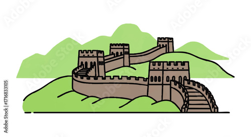 Explore the iconic Great Wall of China with this dynamic line art illustration, perfect for travel and tourism