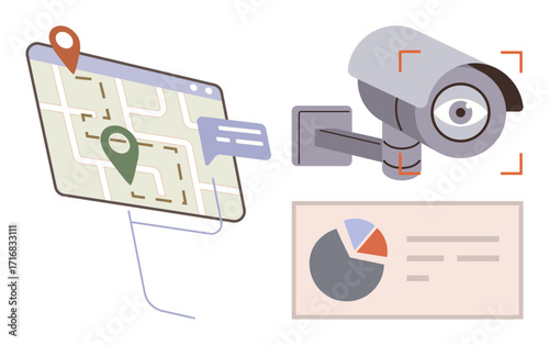 Digital map with route markers, CCTV camera with focus frame, data chart with text elements. Ideal for security, navigation, analytics, monitoring, location tracking, technology privacy themes
