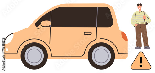 Compact car with visible warning sign and individual carrying a bag, emphasizing safety, transportation, caution, travel tips, road awareness, responsible behavior, and urban lifestyle in a simple