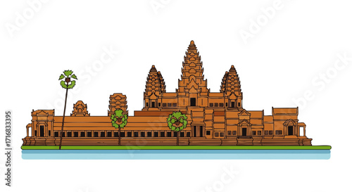 Explore the ancient beauty of Angkor Wat Cambodia with this stunning temple illustration for travel promotions