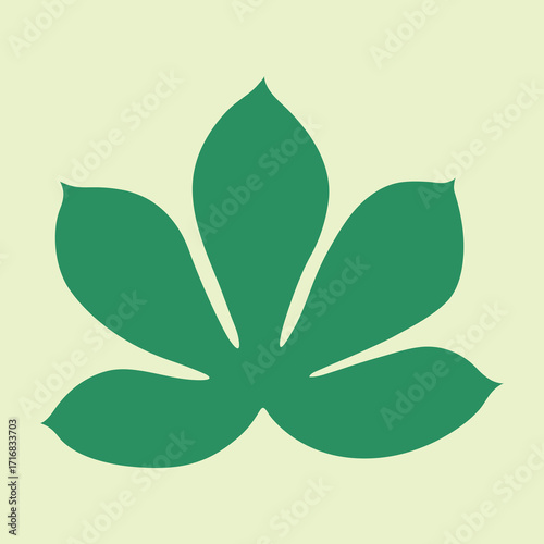 Stylized green five-lobed leaf illustration on a light beige background, resembling a chestnut or cassava leaf.