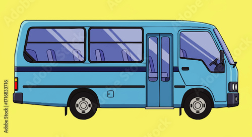 Cartoon blue minibus vector illustration on yellow backdrop for children's book design or transportation