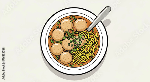 Delicious meatball noodle soup bowl with a spoon, perfect for Asian cuisine advertising or food blogging content