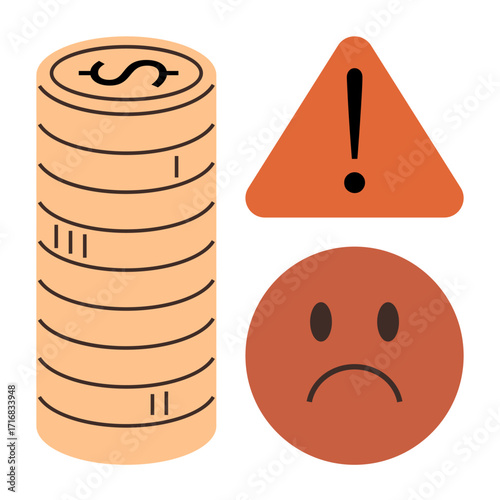 Stack of dollar coins, warning triangle with exclamation mark, and sad face representing financial risk, loss, or instability. Ideal for money management, caution, economy, debt investment crisis