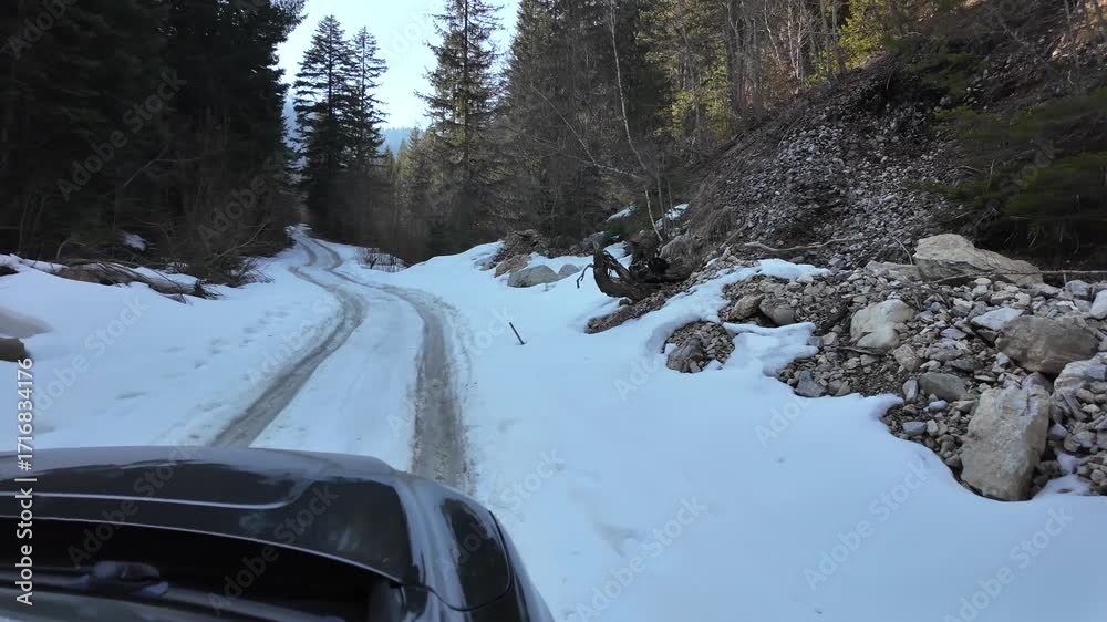 A car driving on an icy, hard-to-access road in a forest among trees ...