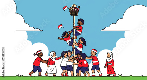 Children joyfully climbing a greasy pole for Indonesian independence day celebration under a bright blue sky