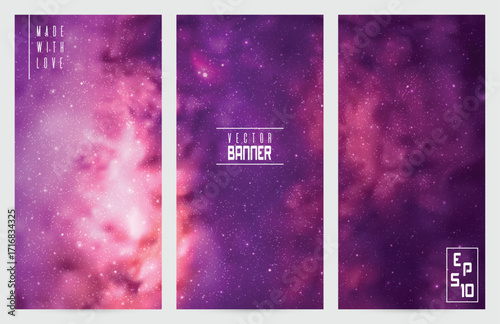 Purple violet nebula in space. Night starry sky. Vertical banners set