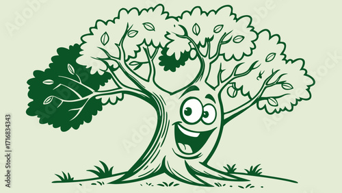 Cartoon Tree Character with Smiling Face and Leafy Branches in Green Outline