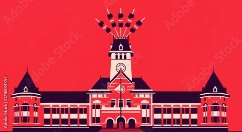 Explore the architectural wonder of a classic building with unique modern design elements and vibrant color palette