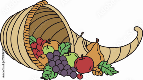 Cornucopia overflowing with autumn fruits including red apples green apples pears grapes and cherries