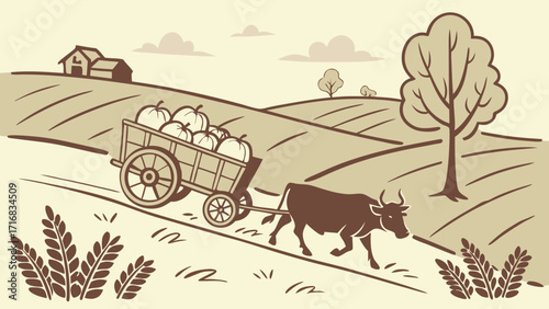 OxDrawn Cart Laden with Pumpkins on a Hilly Farm Landscape Illustration