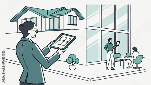 Real Estate Agent Presenting Property Plans on Tablet to Prospective Buyers