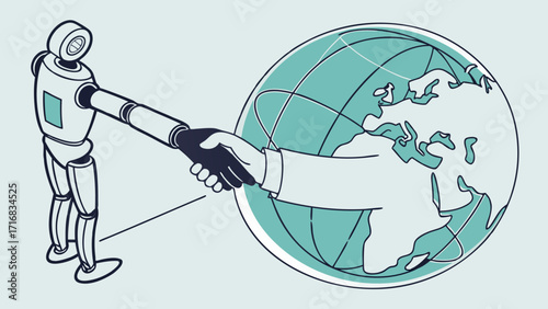 Robot Reaching for a Stylized Globe with Outlined Continents and Long Arm
