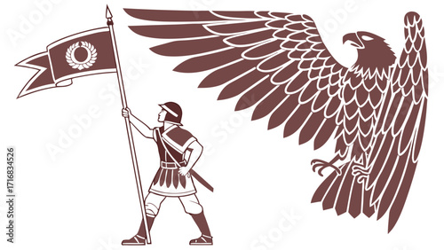 Roman Soldier with Banner and Eagle Ancient Symbolism in Brown Outline