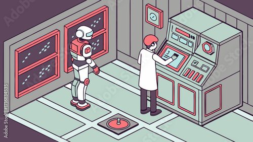 Scientist and Robot Collaborating in Futuristic Control Room with Detailed Console