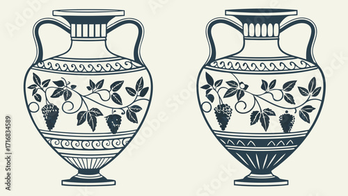 Two Grecian Urns with Grapevine Motif Dark Blue Silhouette Design
