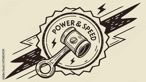 Vintage Power and Speed Emblem Featuring Piston and Lightning Bolts
