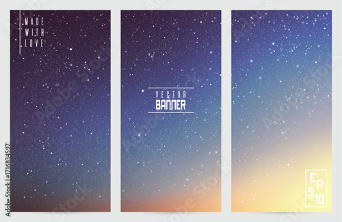 Clouds and stars in space. Blue twilight abstract vector banners set