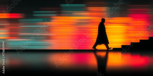 Silhouette of person walking toward stairs with vibrant abstract light streaks in background