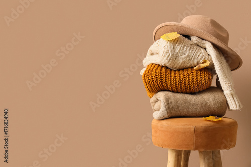 Stack of stylish clothes, h...
