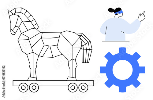 Geometric Trojan horse on wheels, person wearing VR headset pointing, gear icon highlighting technology. Ideal for cybersecurity, innovation, digital risks, virtual reality, automation, caution