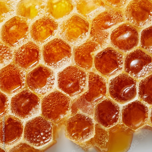 Golden Nectar's Cell: An evocative macro photograph details a honeycomb dripping with sweet honey, highlighting the geometry of each cell. Reflecting on the sweet.