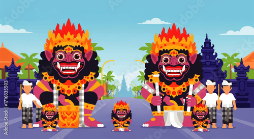 Balinese Ogoh Ogoh parade illustration capturing traditional culture and vibrant festive celebration